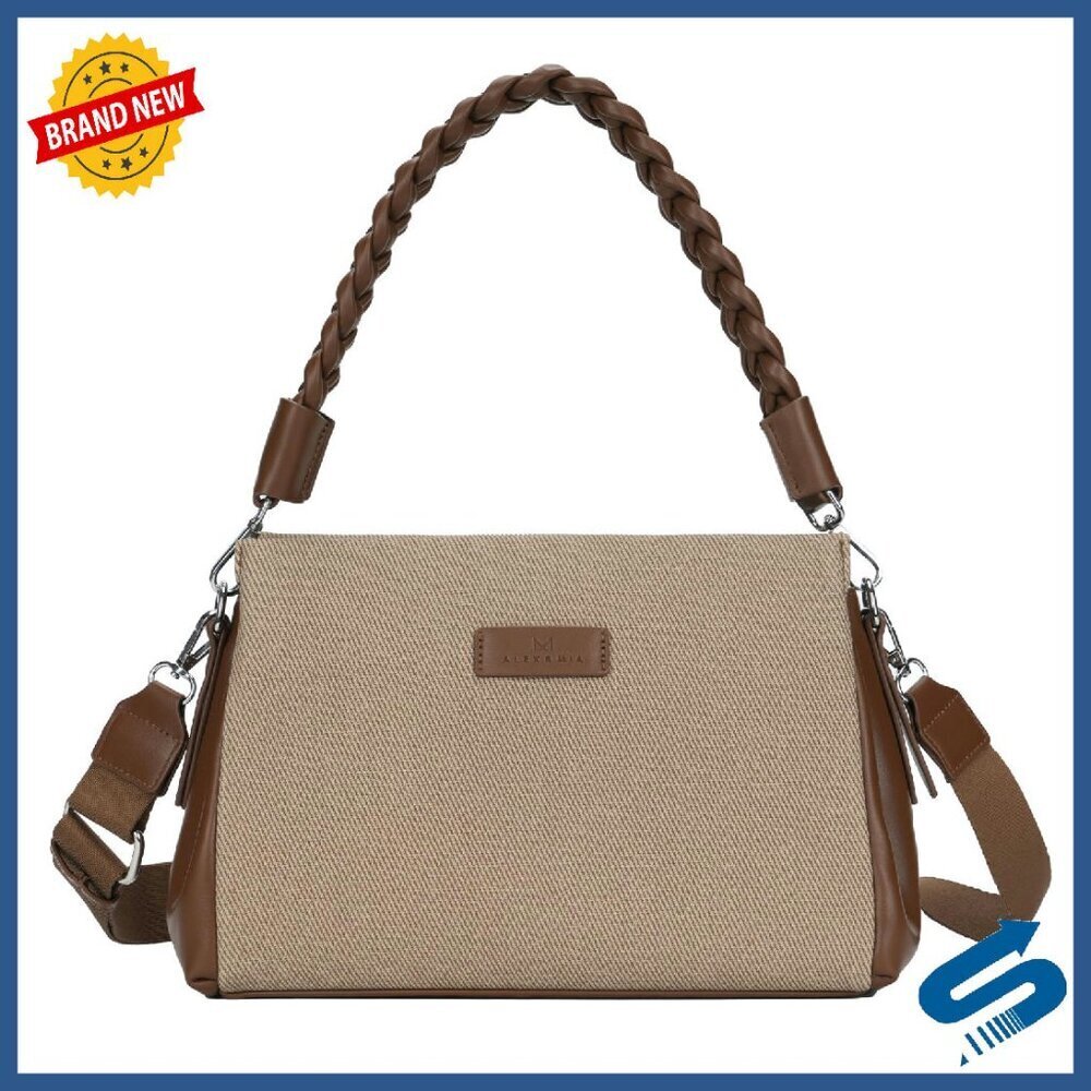Braided Handle Vegan Leather Handbag, Adjustable Strap, Multi-Pocket